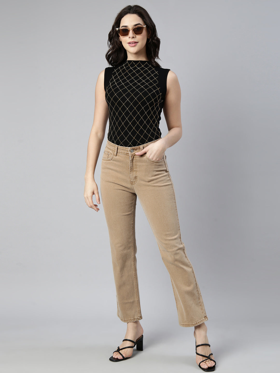 Women's Black Checked High Neck Studded Regular Top