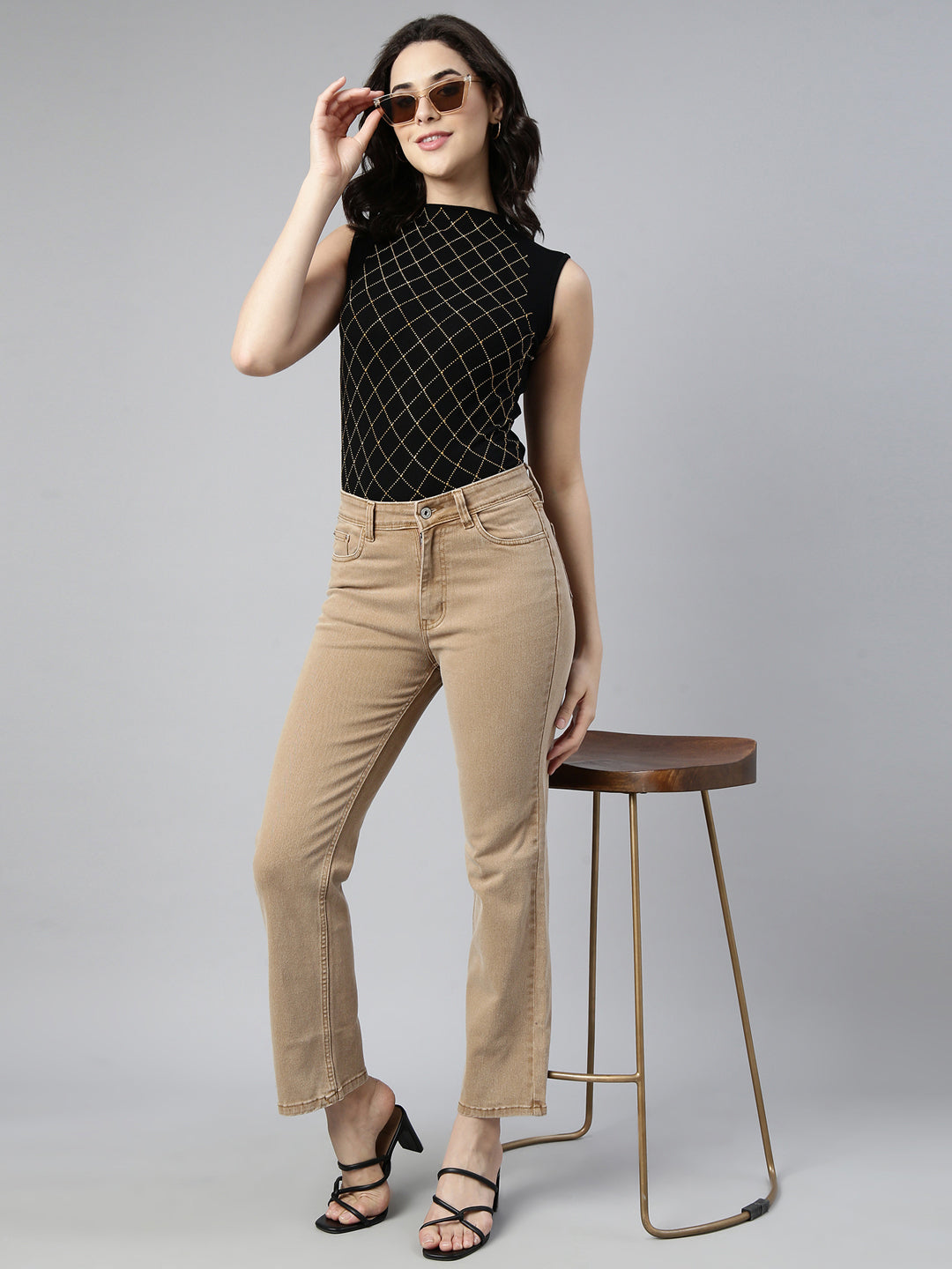 Women's Black Checked High Neck Studded Regular Top