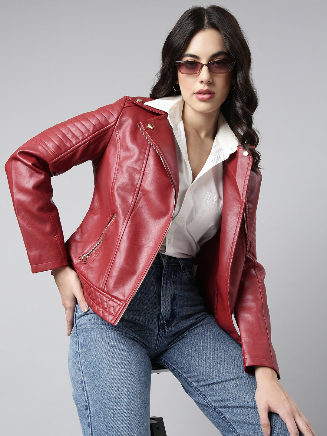 Women Solid Red Biker Jacket