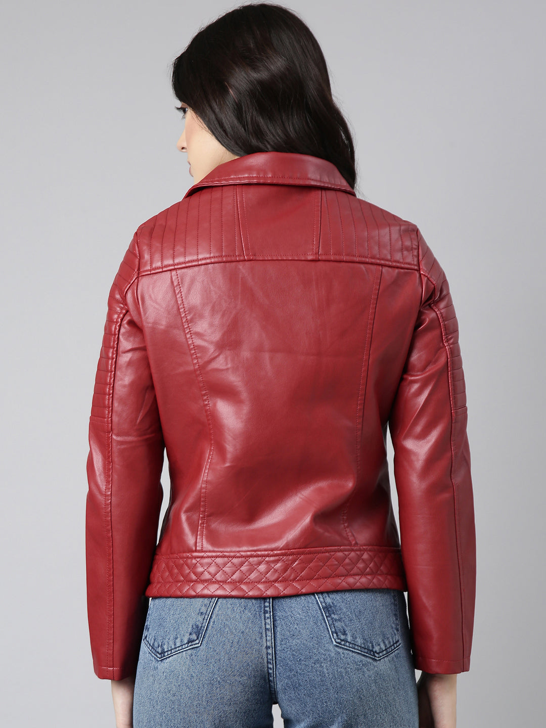 Women Solid Red Biker Jacket