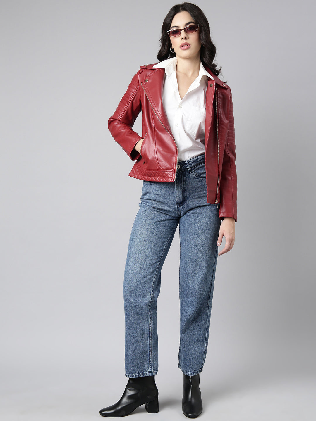 Women Solid Red Biker Jacket