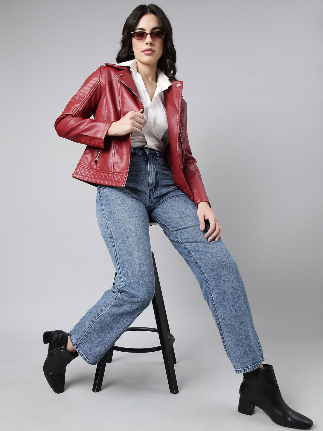 Women Solid Red Biker Jacket