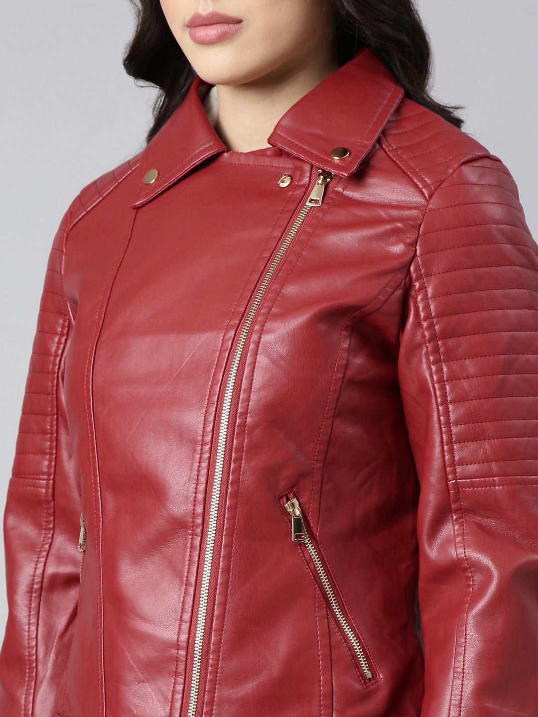 Women Solid Red Biker Jacket