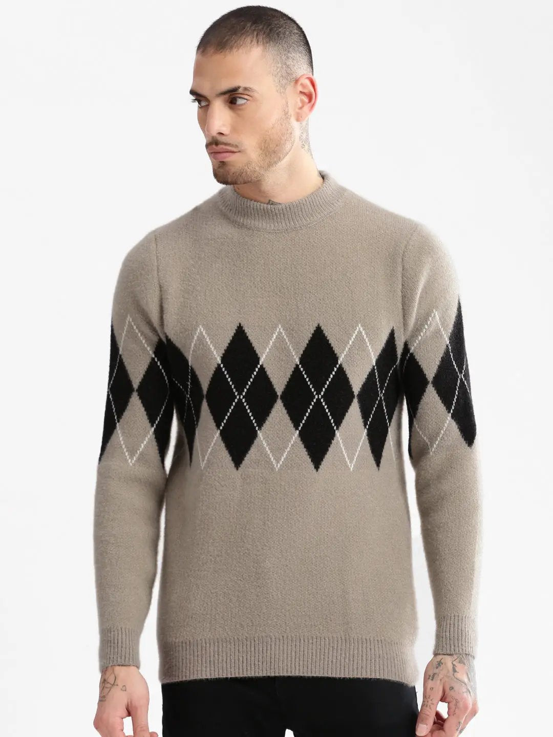 Men's Round Neck Argyle Beige Pullover