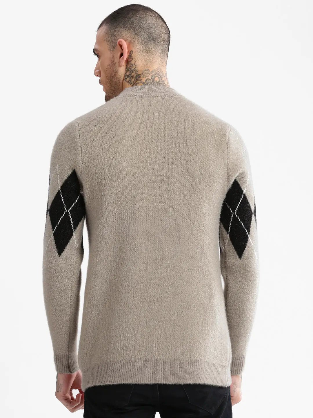 Men's Round Neck Argyle Beige Pullover