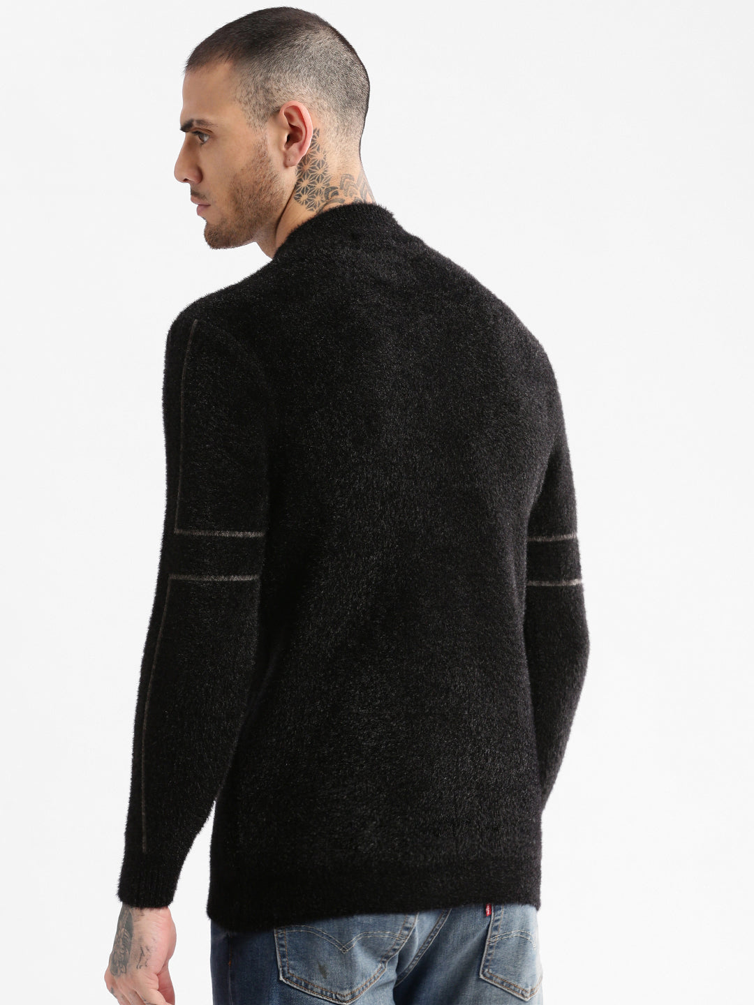 Men Round Neck Solid Black Pullover