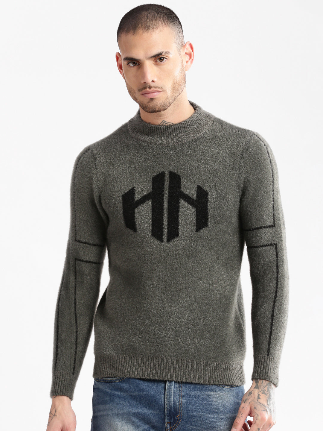 Men Round Neck Solid Grey Pullover