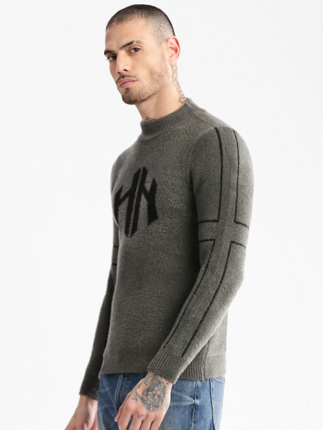 Men Round Neck Solid Grey Pullover