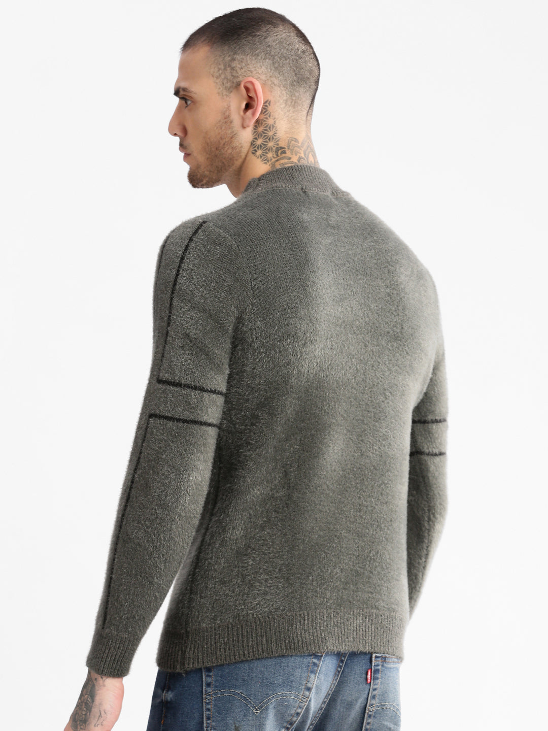 Men Round Neck Solid Grey Pullover