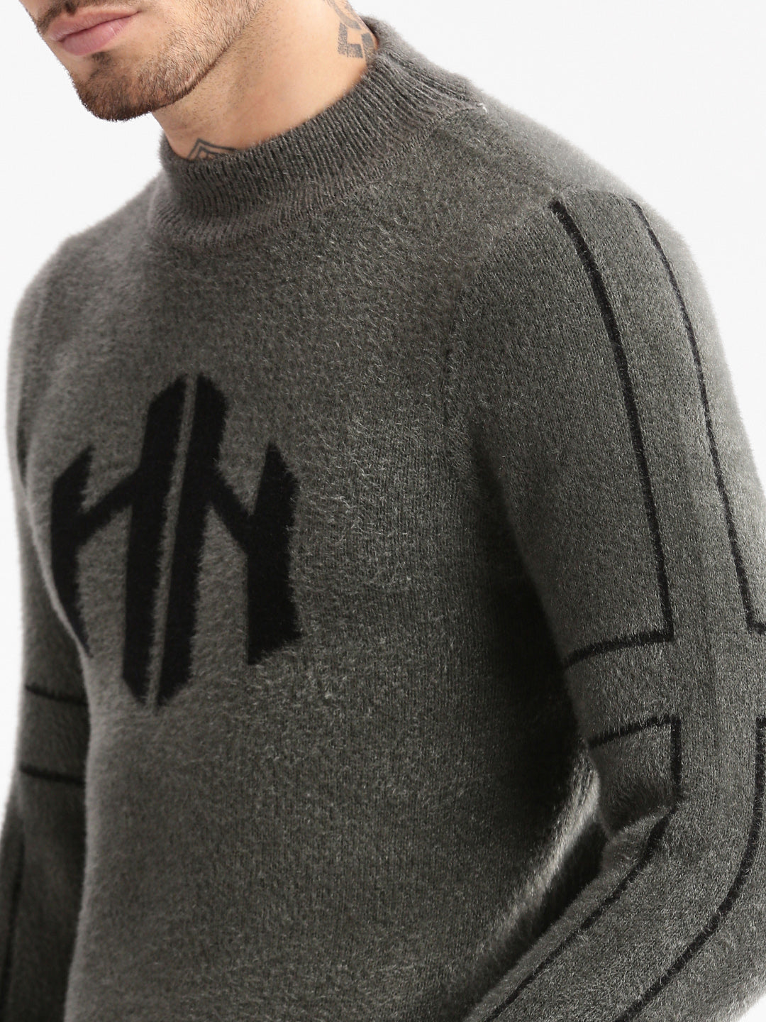 Men Round Neck Solid Grey Pullover