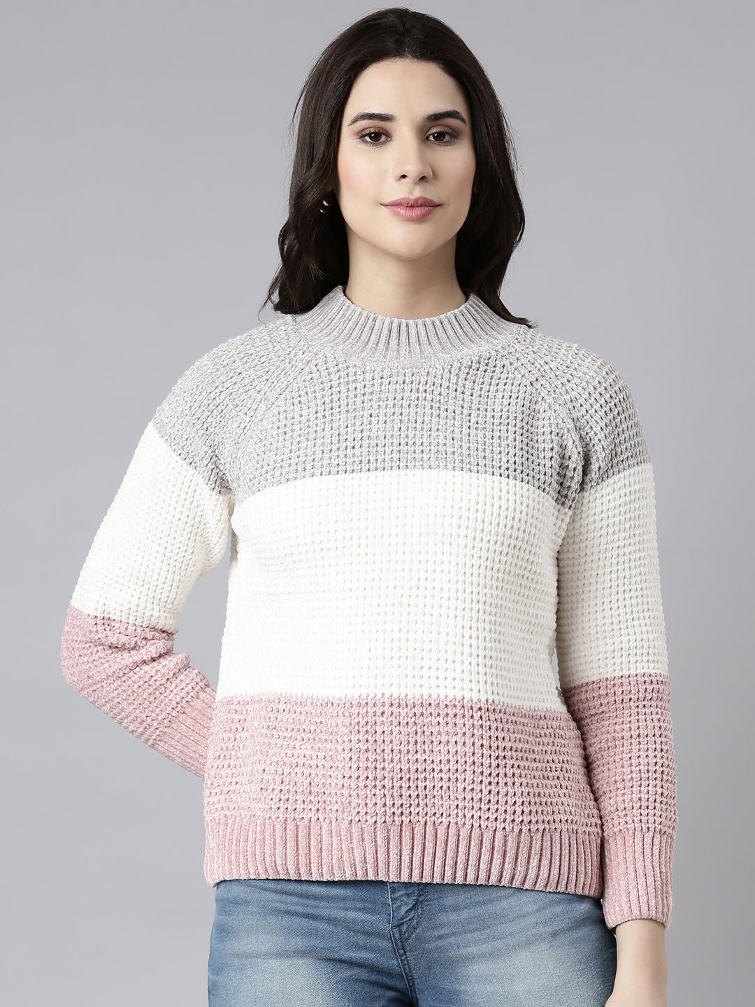 Women Colourblocked Peach Pullover