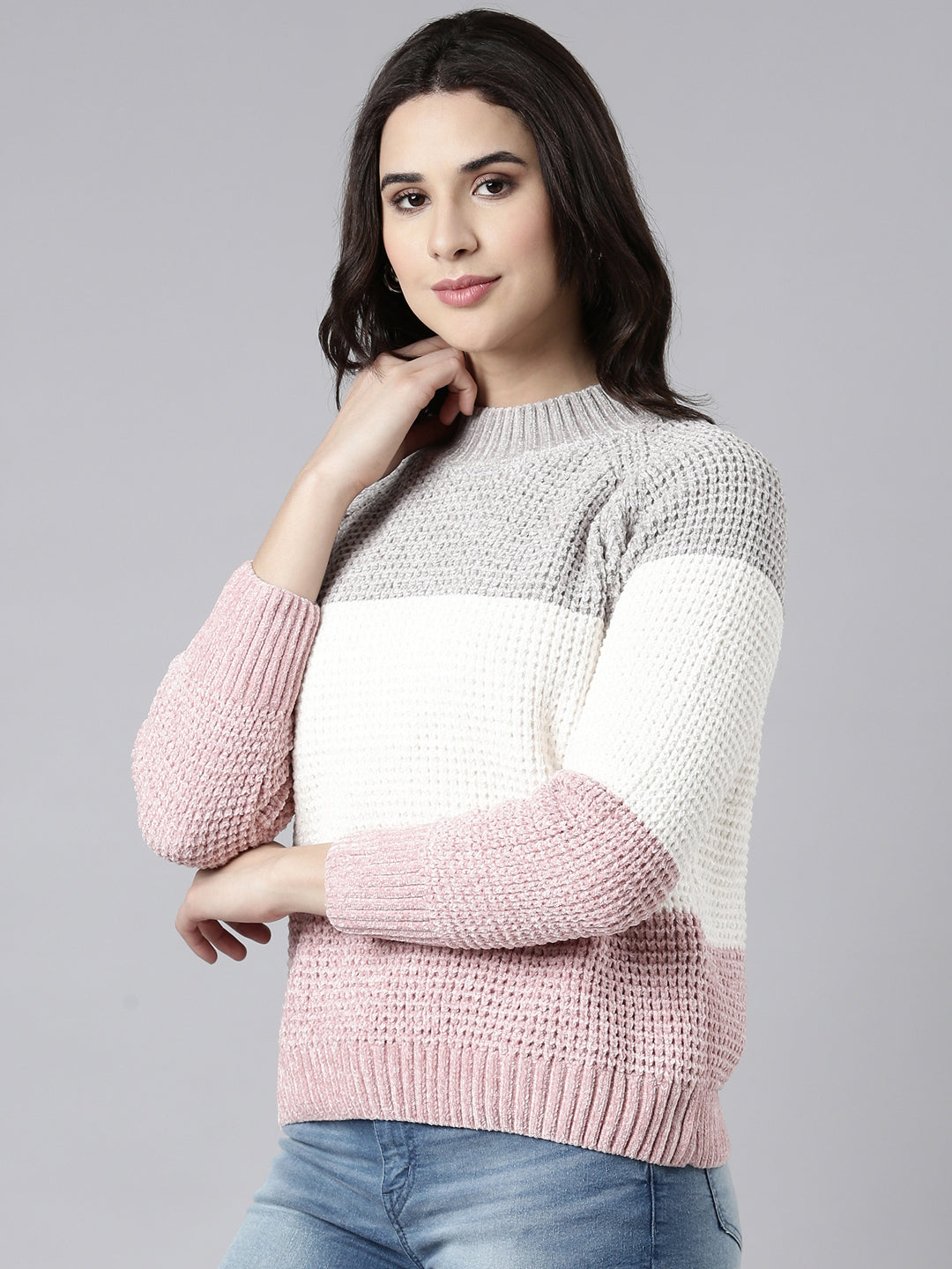 Women Colourblocked Peach Pullover