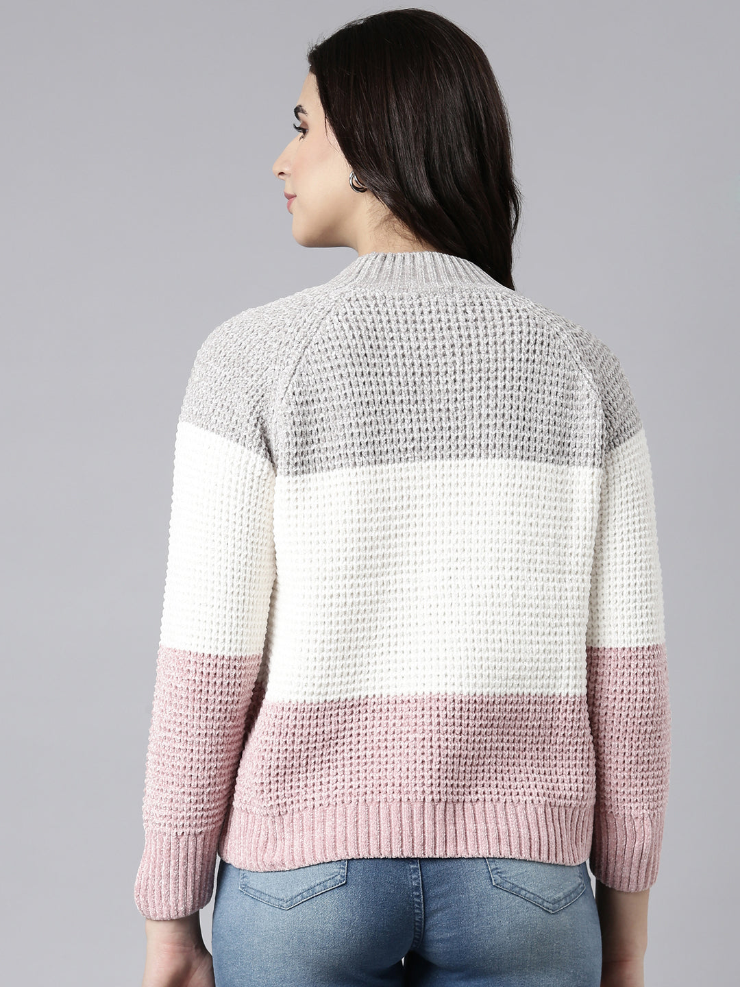 Women Colourblocked Peach Pullover