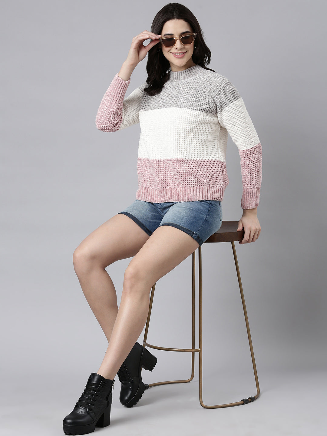 Women Colourblocked Peach Pullover