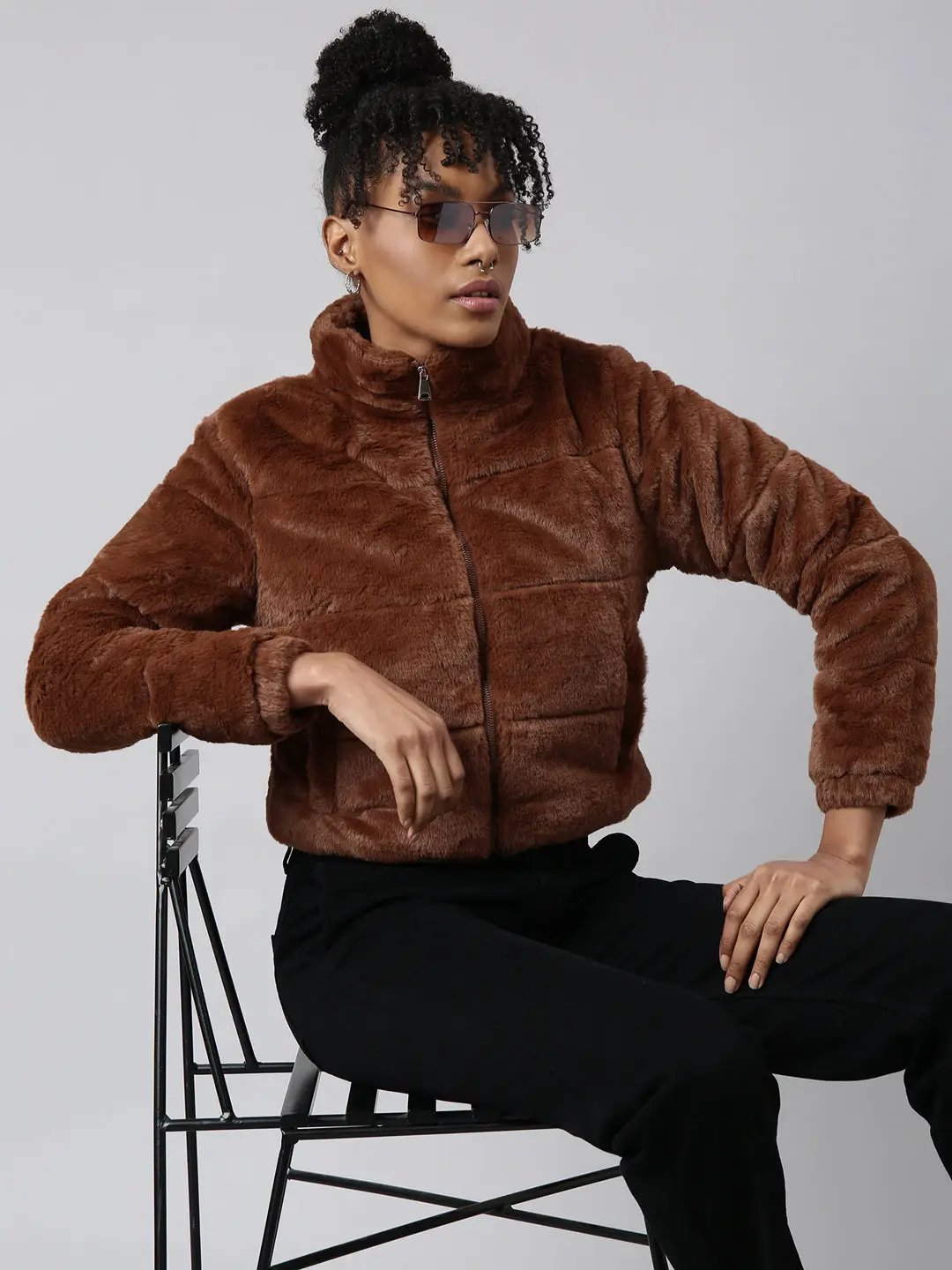 Women's Solid Brown Puffer Jacket