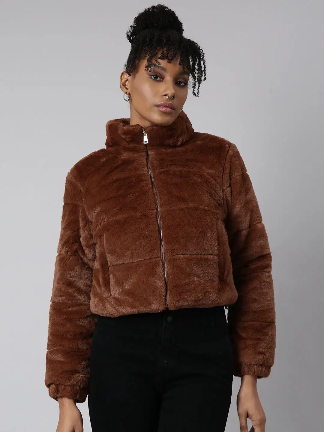Women's Solid Brown Puffer Jacket