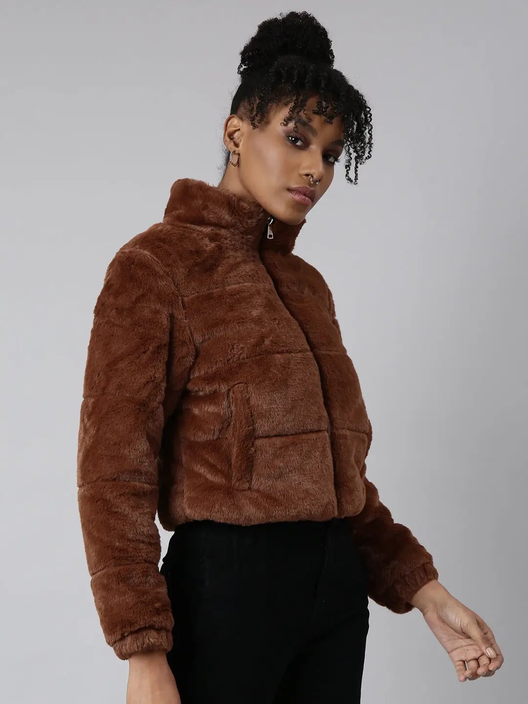 Women's Solid Brown Puffer Jacket