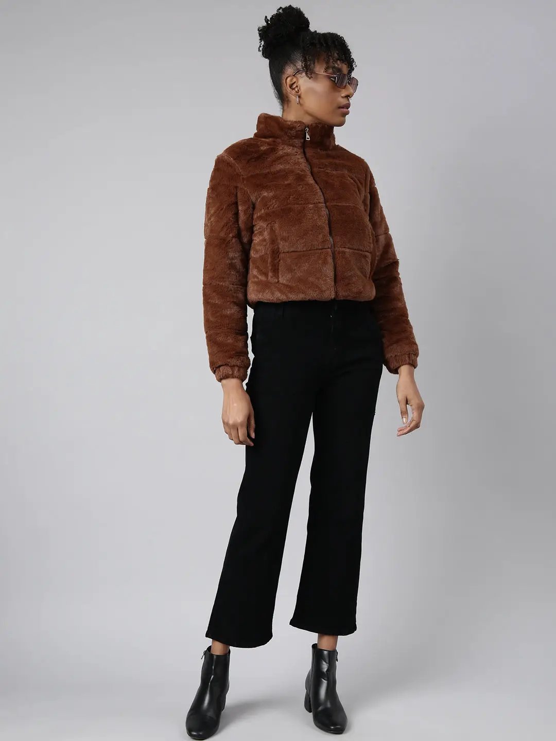 Women's Solid Brown Puffer Jacket