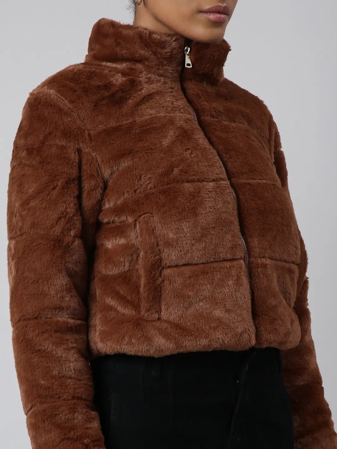 Women's Solid Brown Puffer Jacket