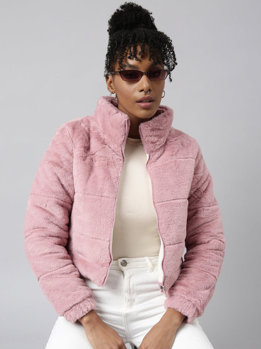 Buy Women's Peach Self Design Faux Fur Puffer Jacket Online