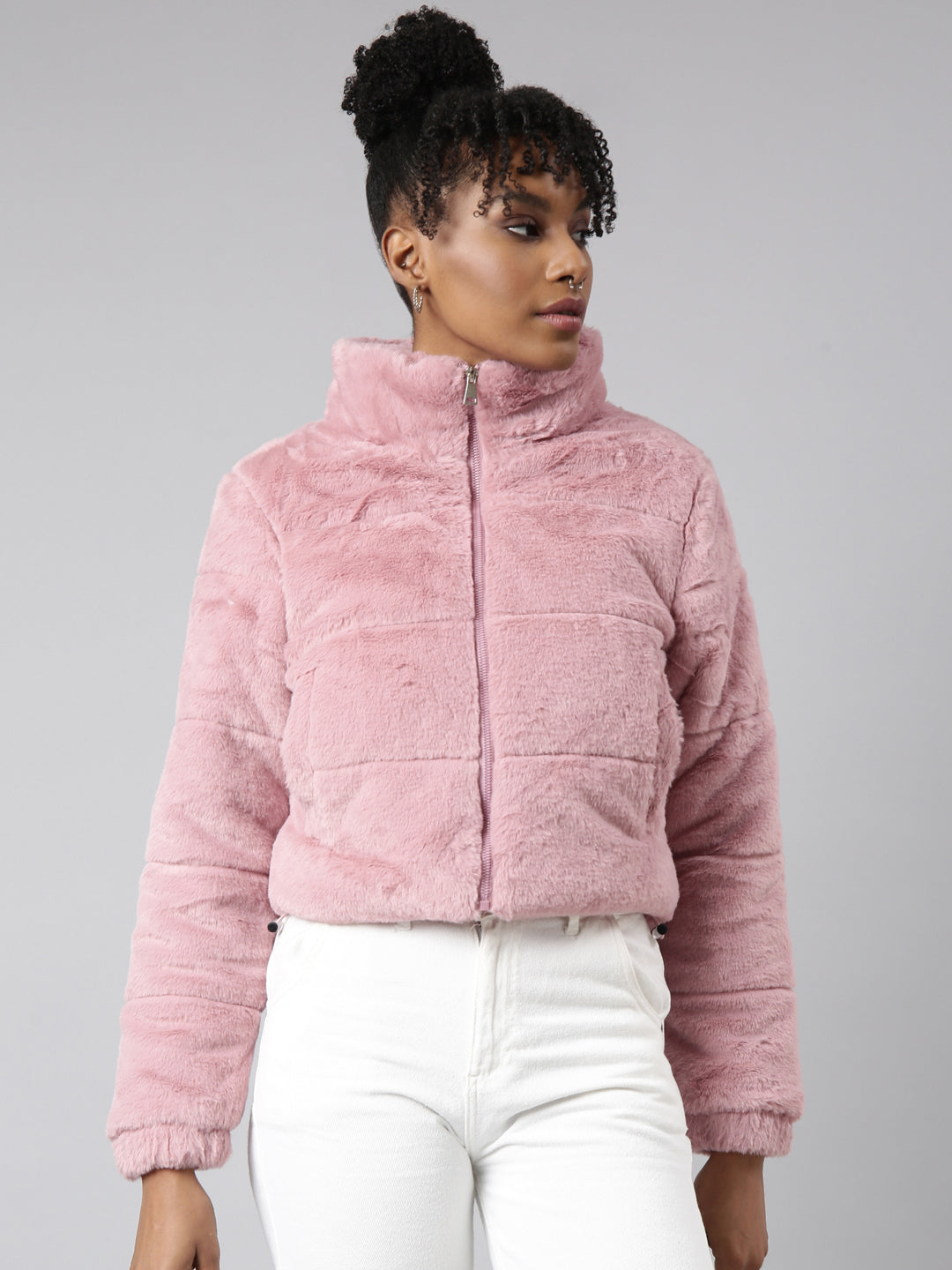 Women Solid Peach Puffer Jacket