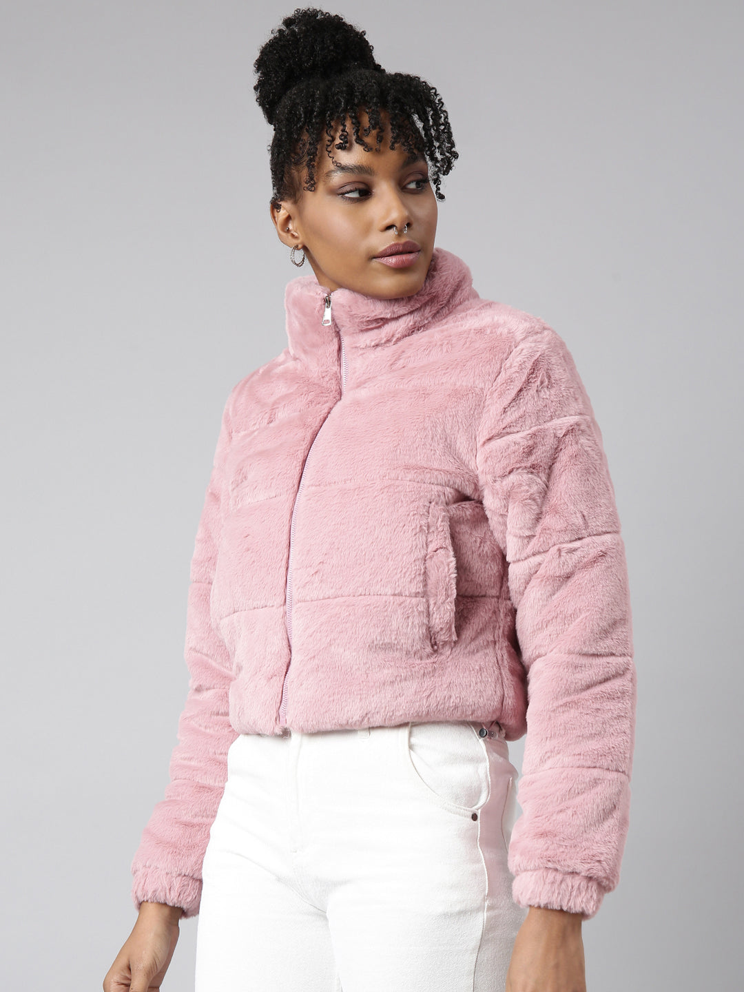 Women Solid Peach Puffer Jacket