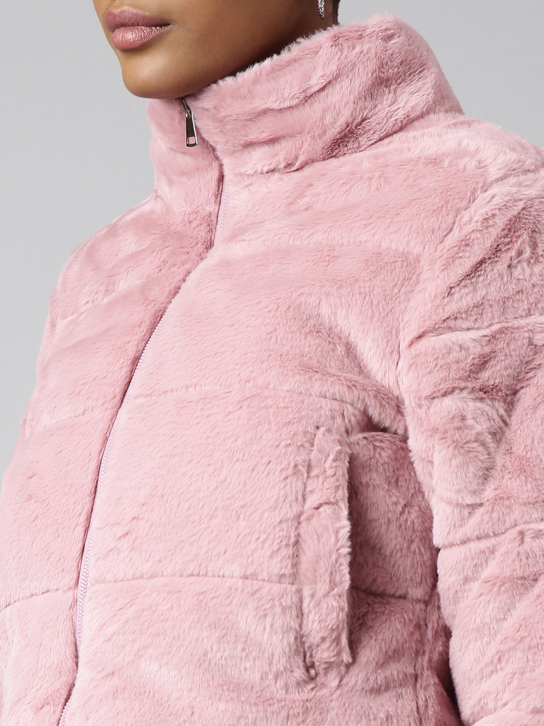 Women Solid Peach Puffer Jacket