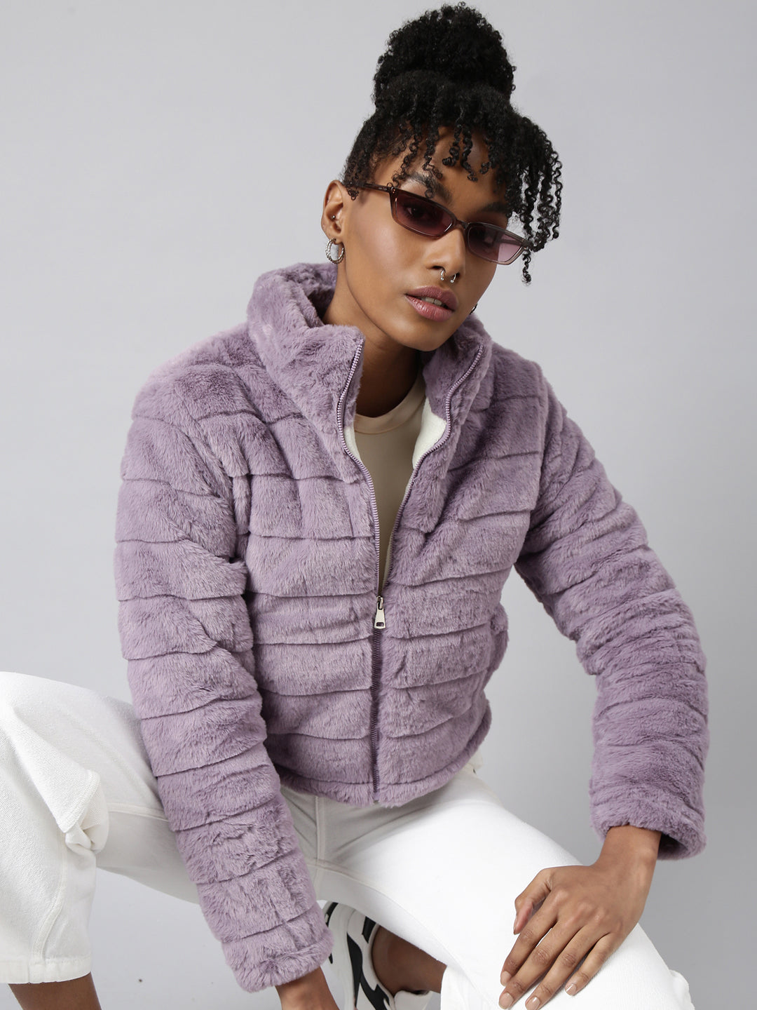 Women Solid Lavender Puffer Jacket