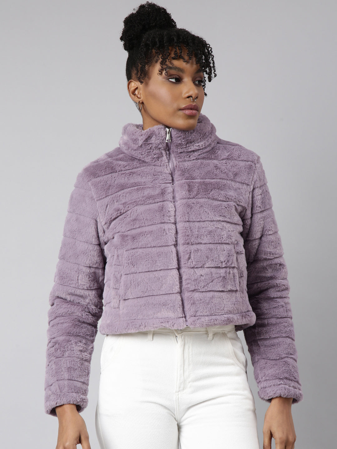 Women Solid Lavender Puffer Jacket