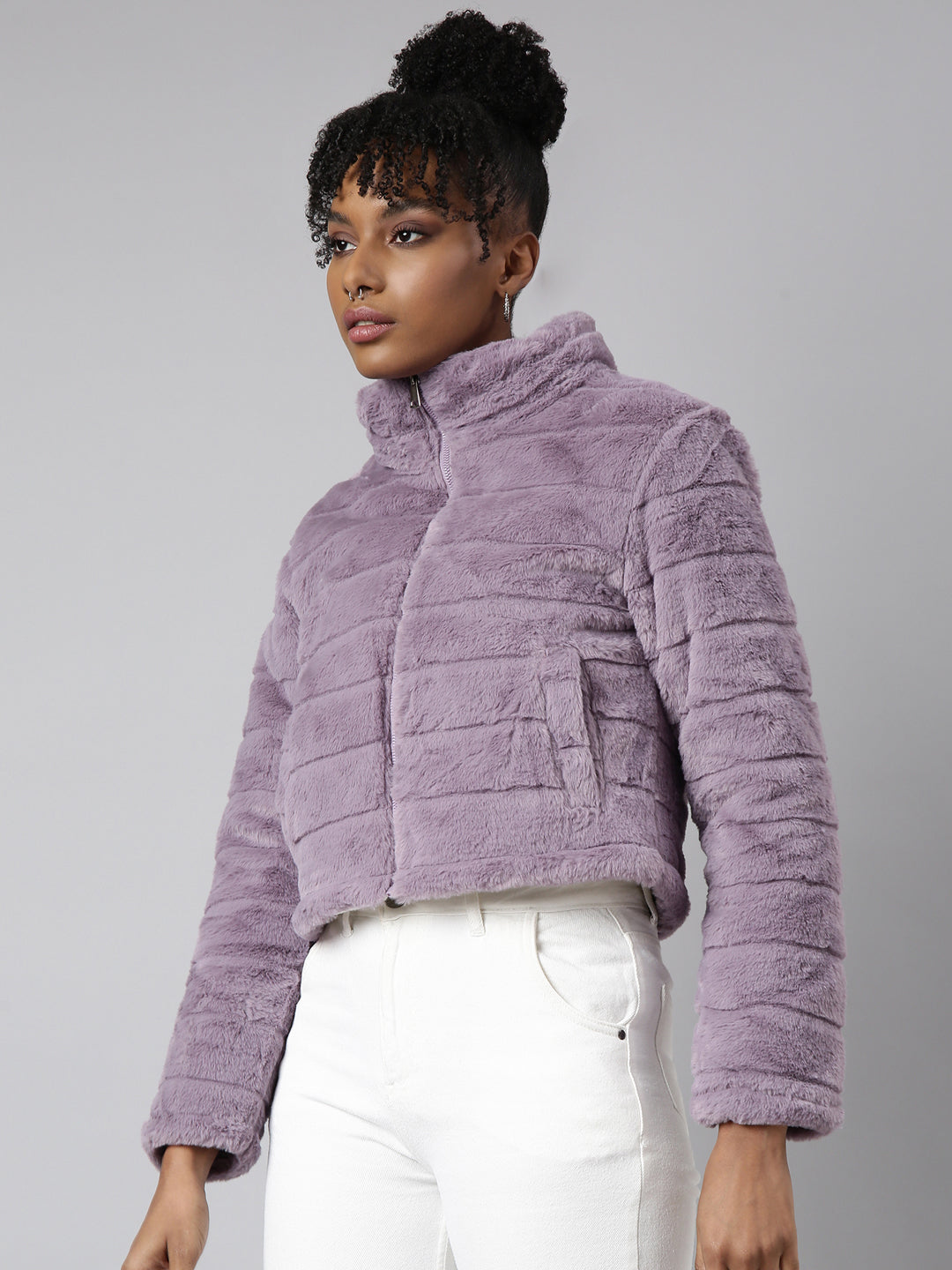 Women Solid Lavender Puffer Jacket