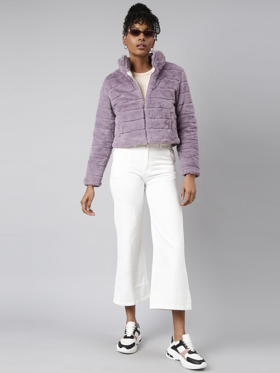 Women Solid Lavender Puffer Jacket