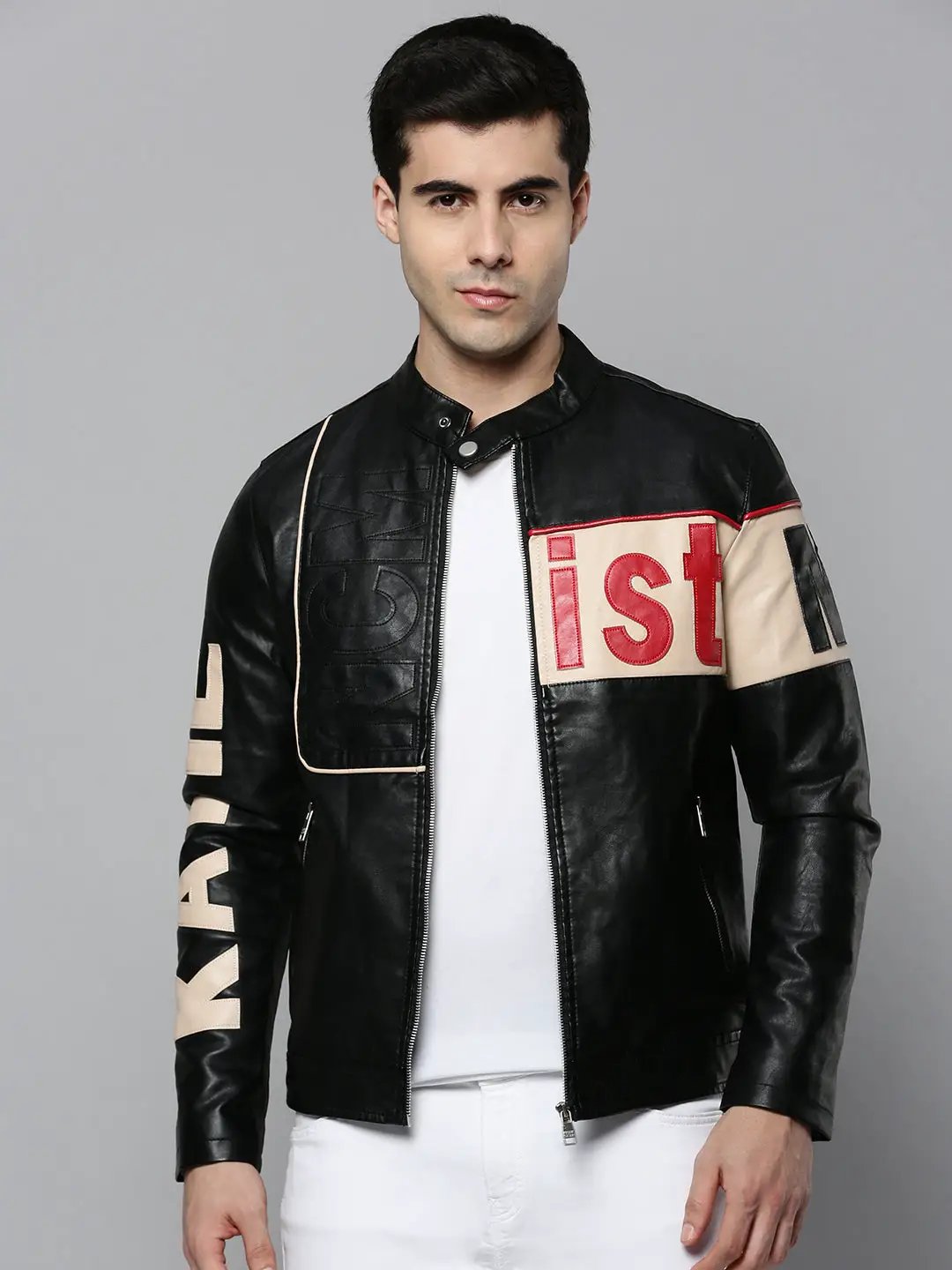 Men's Black Solid Leather Jacket