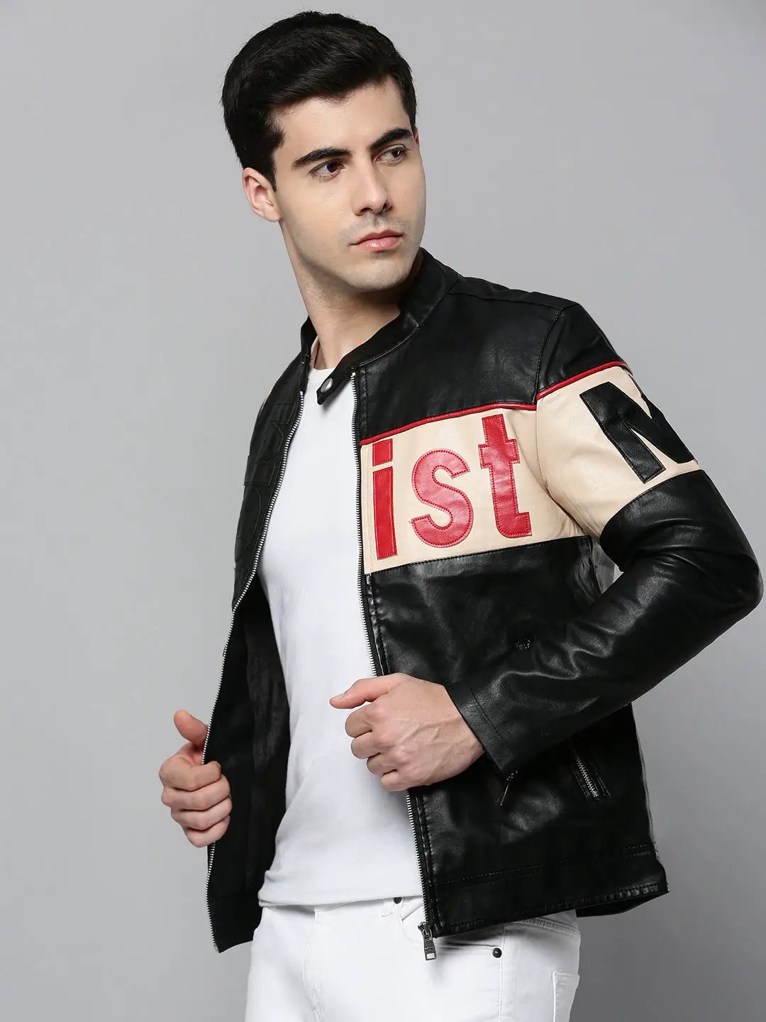 Men's Black Solid Leather Jacket