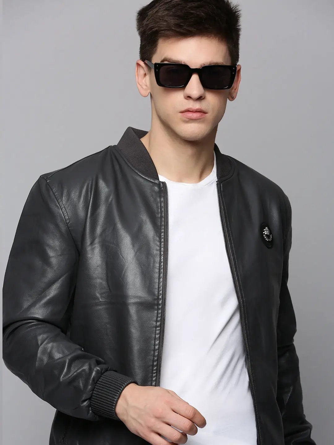 Men's Grey Solid Western Jacket
