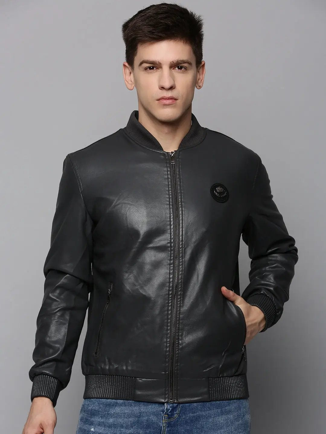 Men's Grey Solid Western Jacket