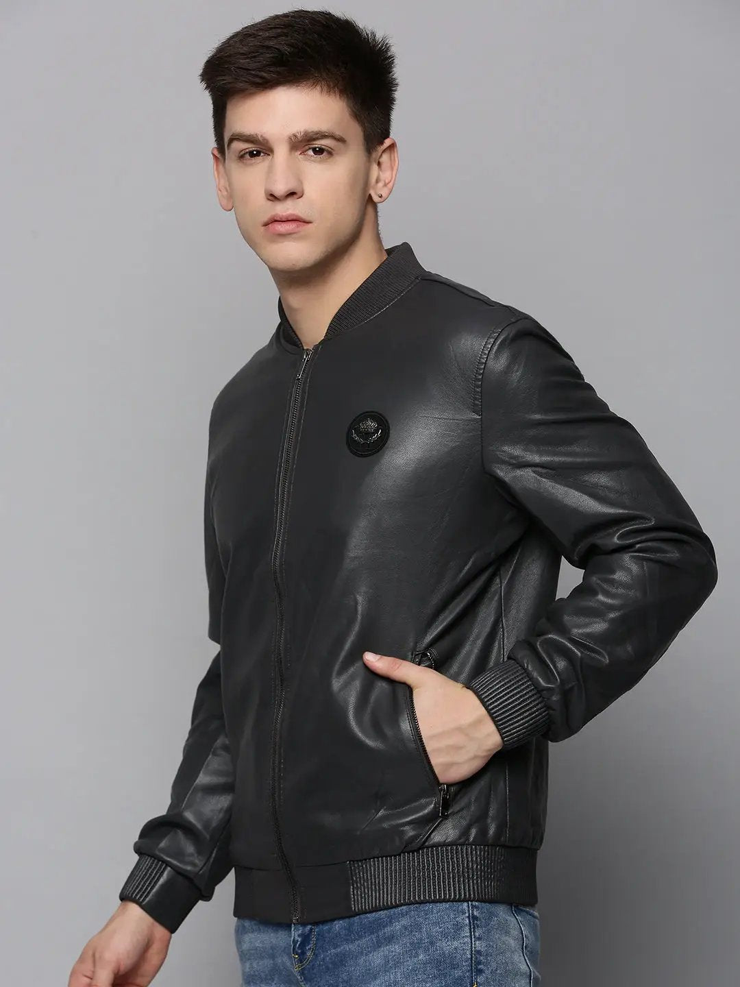 Men's Grey Solid Western Jacket
