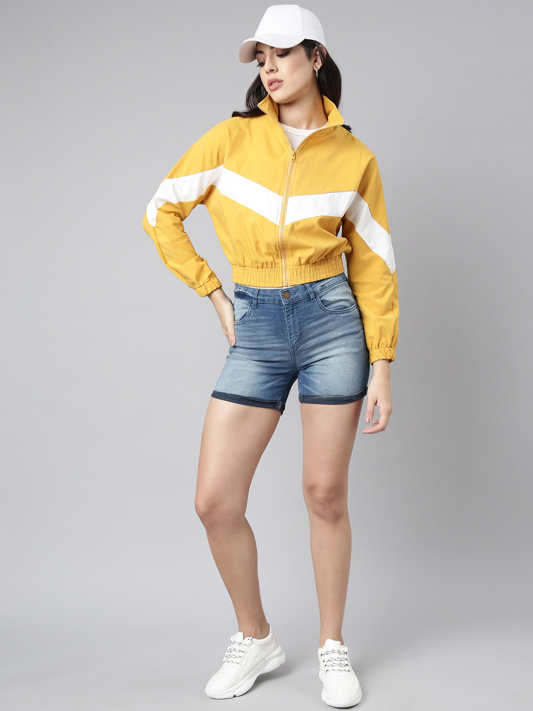 Women's Solid Mustard Crop Bomber Jacket