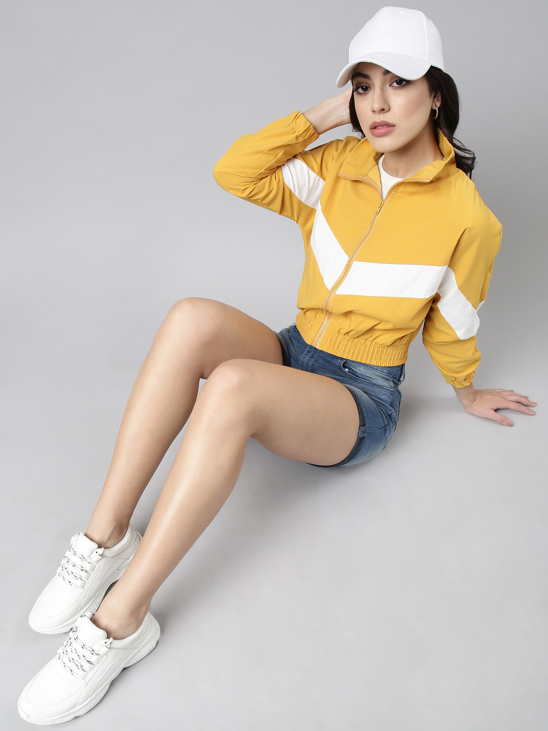 Women's Solid Mustard Crop Bomber Jacket
