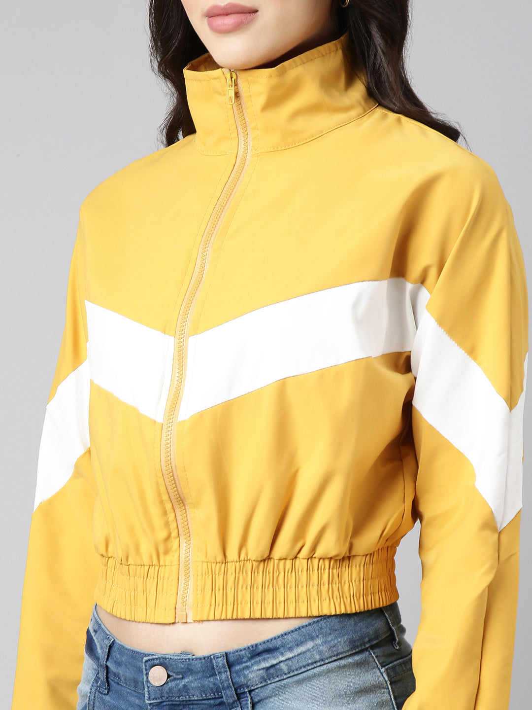 Women's Solid Mustard Crop Bomber Jacket