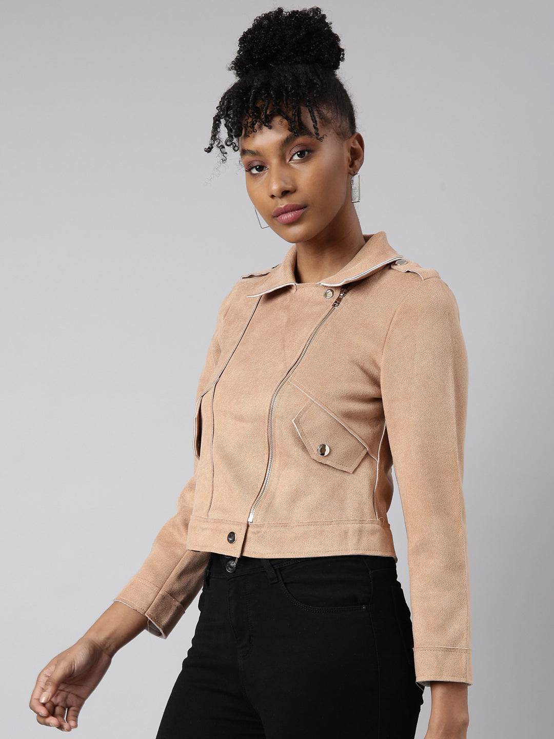 Women Solid Beige Biker Jacket