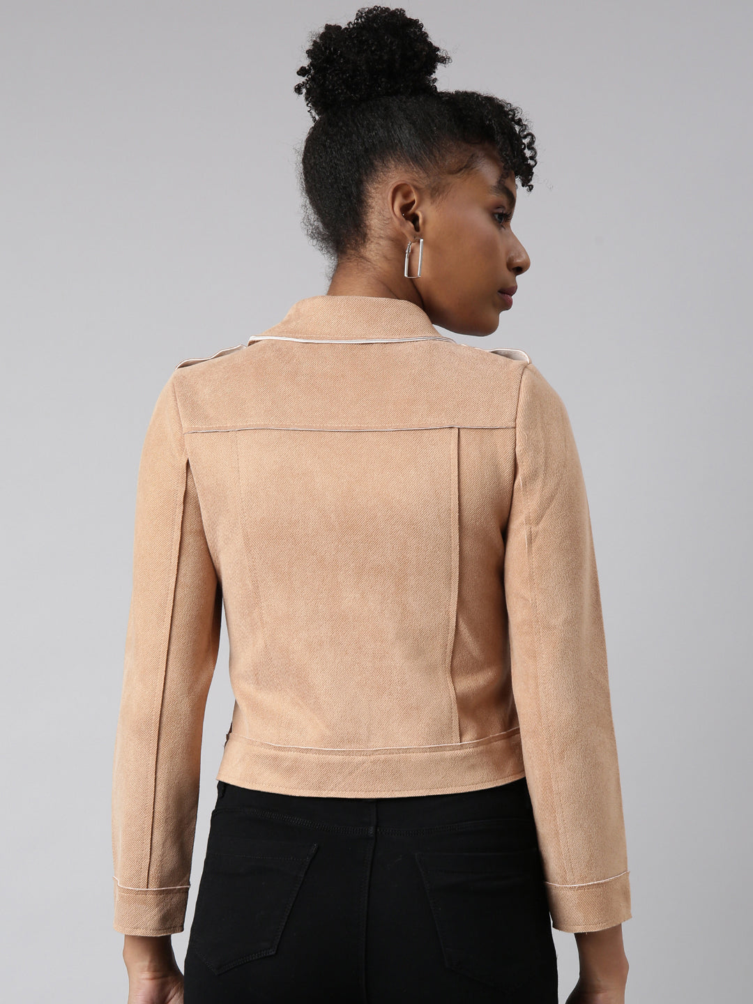 Women Solid Beige Biker Jacket