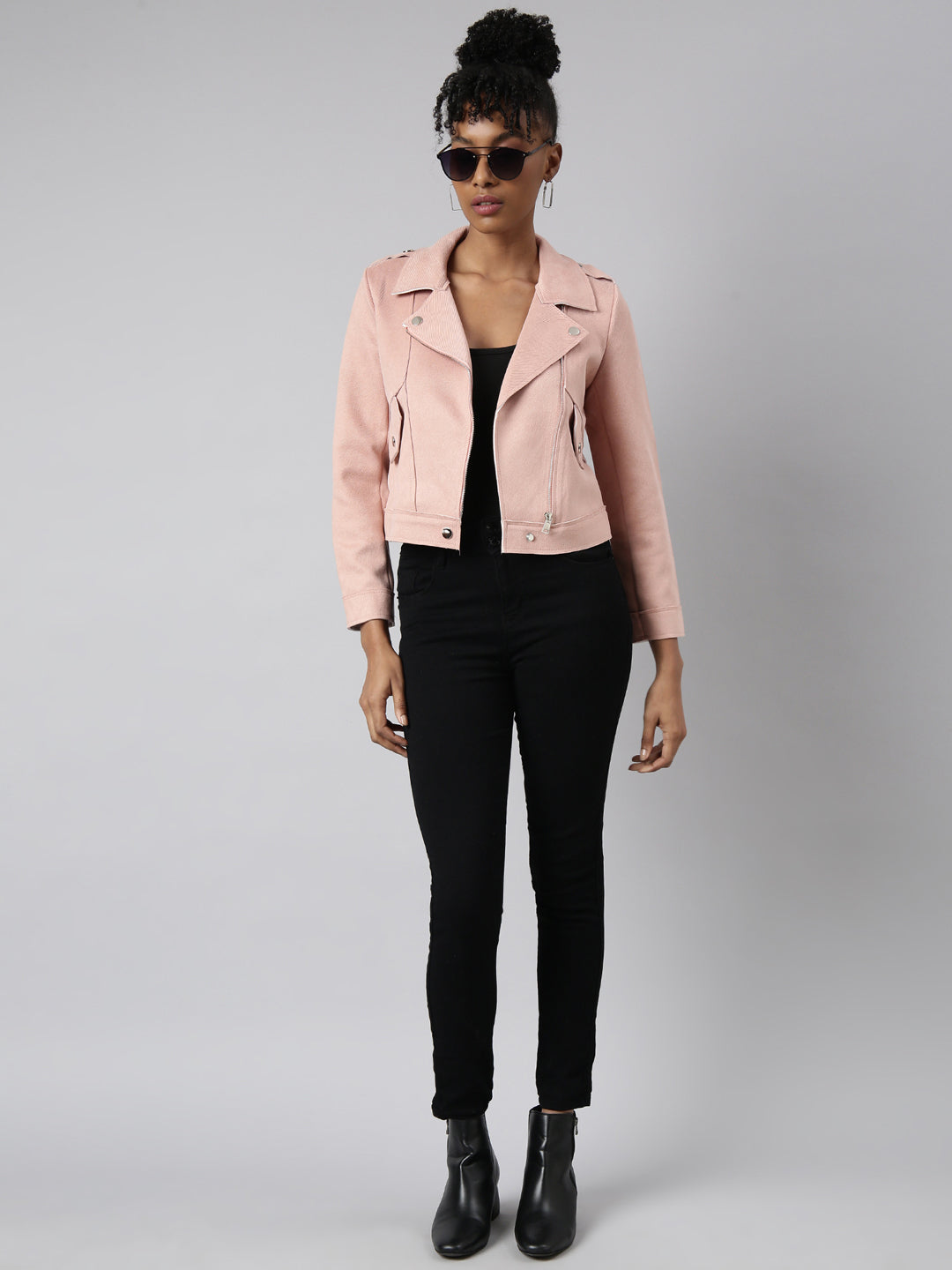 Women Solid Peach Biker Jacket