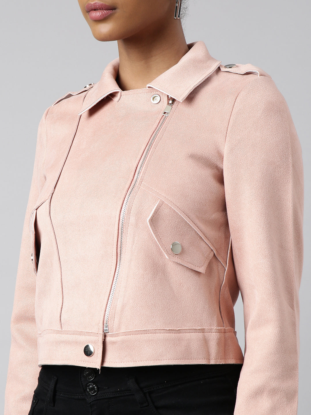 Women Solid Peach Biker Jacket