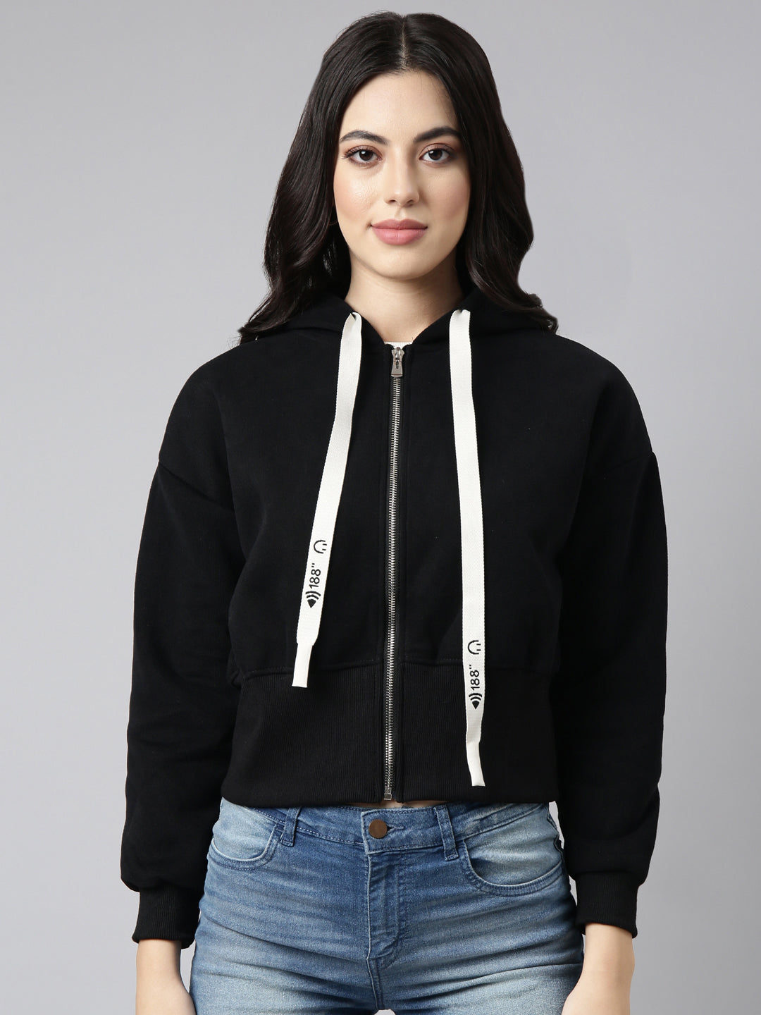 Women Solid Black Crop Drop Shoulder Bomber Jacket