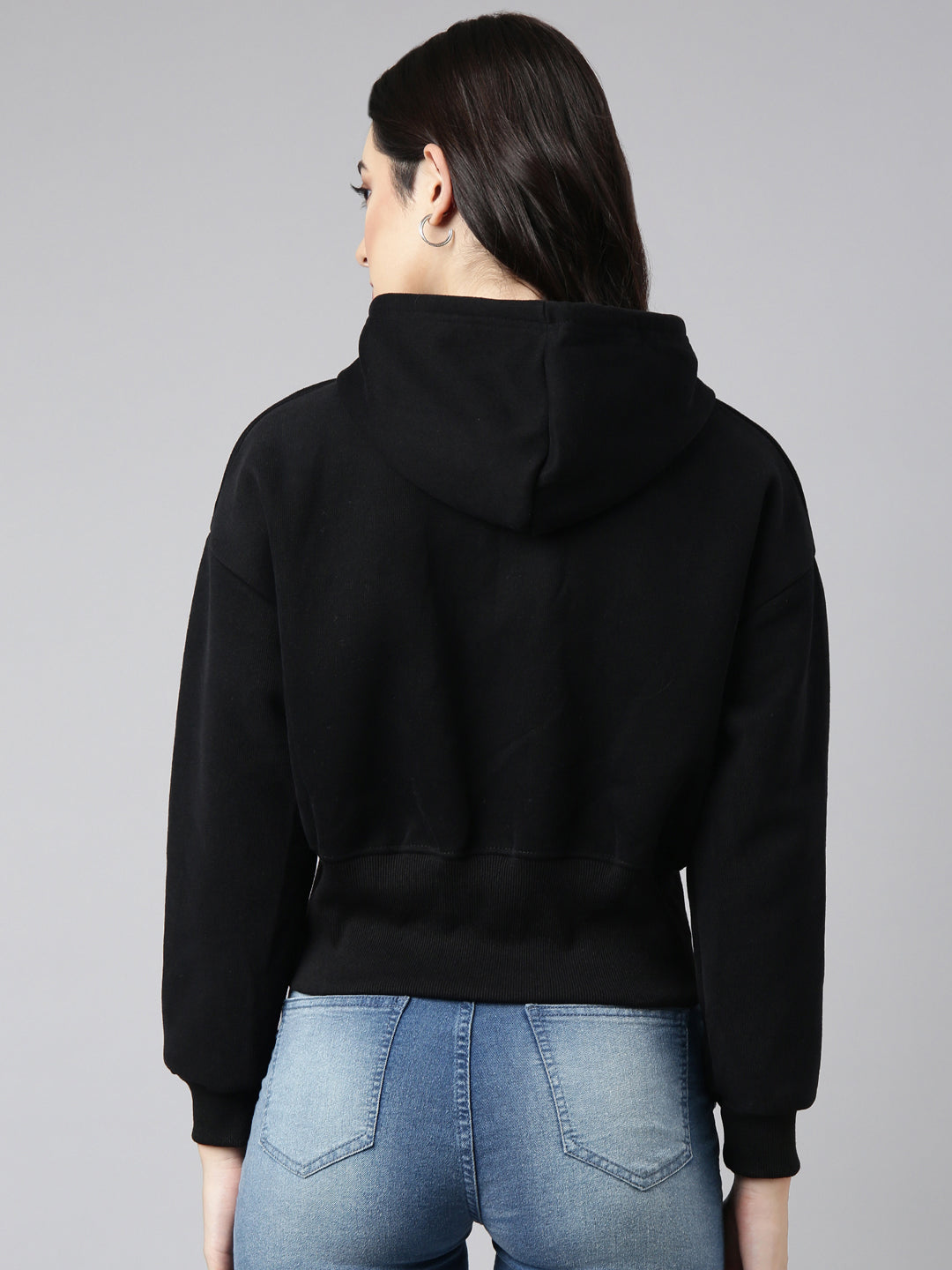 Women Solid Black Crop Drop Shoulder Bomber Jacket