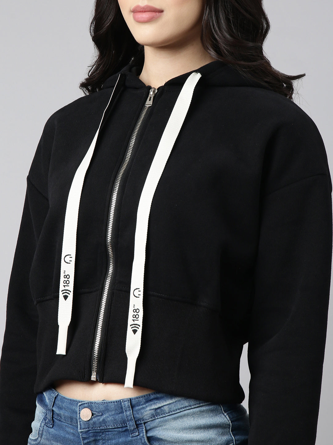 Women Solid Black Crop Drop Shoulder Bomber Jacket