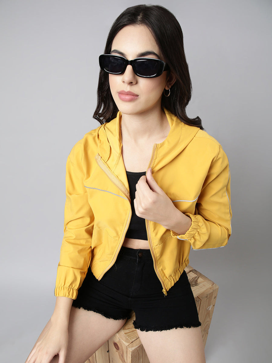 Buy Women's Solid Mustard Crop Bomber Jacket Online Showoffff