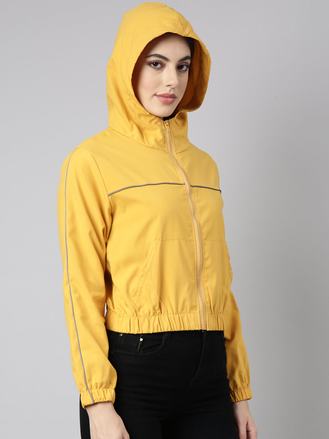 Women's Solid Mustard Crop Bomber Jacket