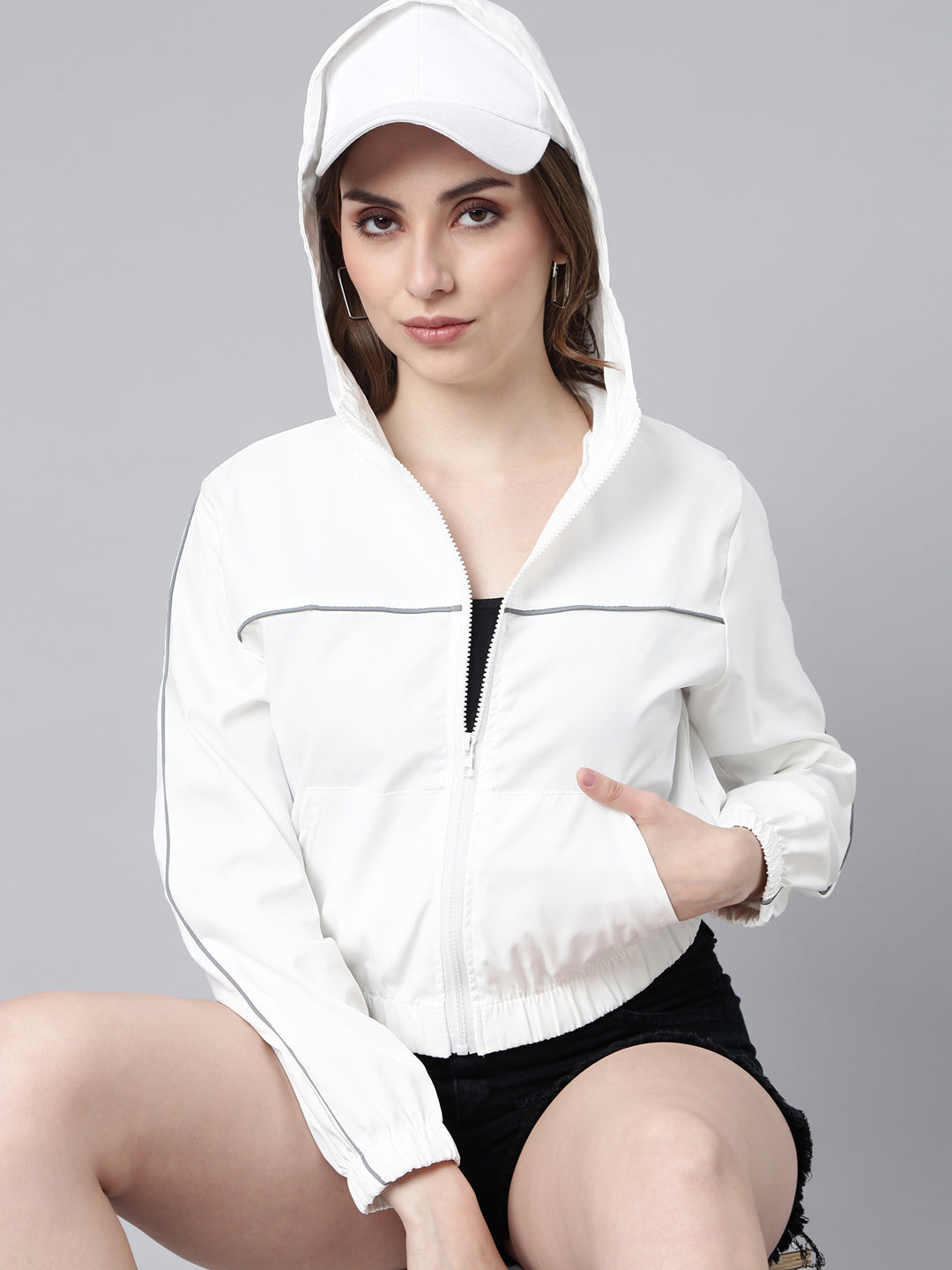 Women's Solid White Crop Bomber Jacket