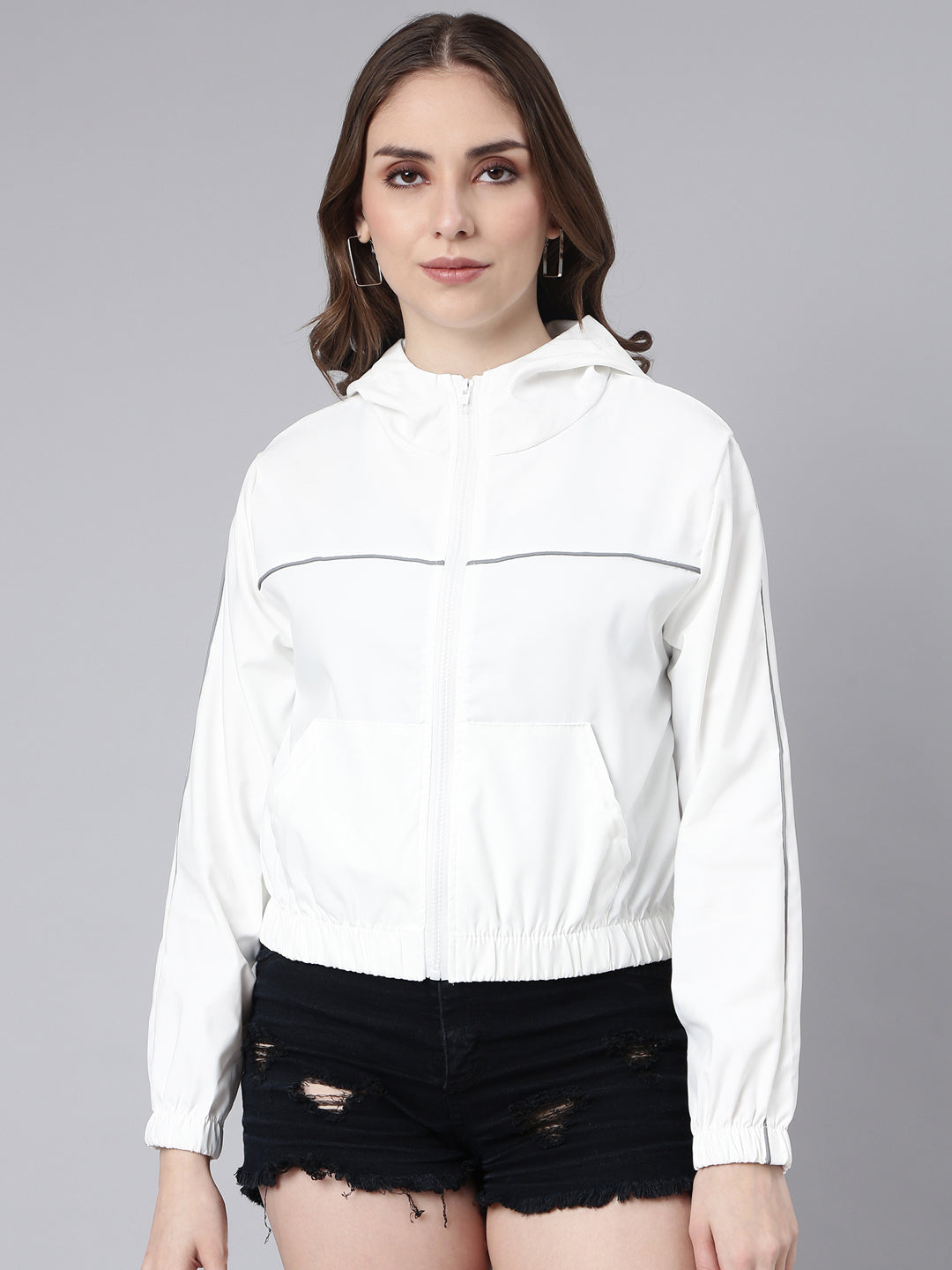 Women's Solid White Crop Bomber Jacket